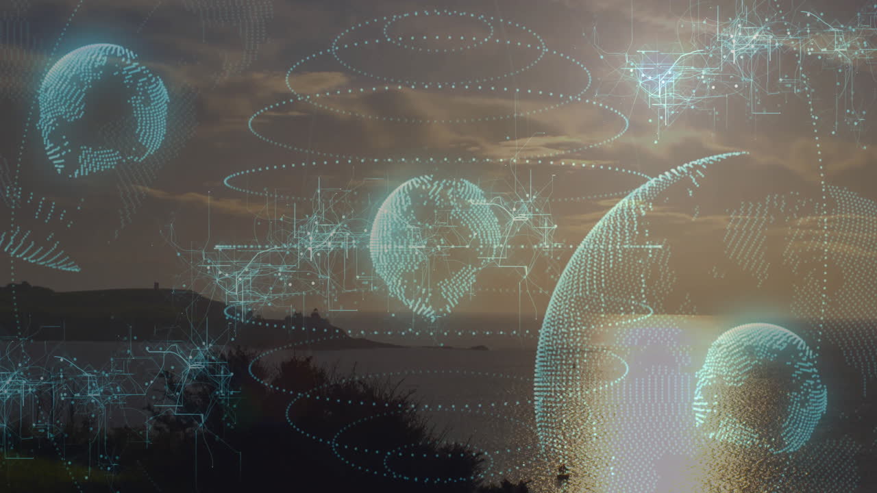 Holographic data spheres floating over coastal dusk scene, showing network connections in 3D render