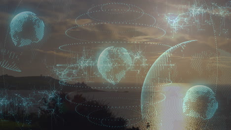 holographic data spheres floating over coastal dusk scene, showing network connections in 3d render