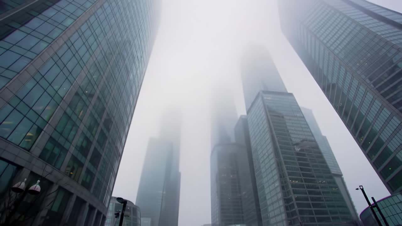 Tall buildings in a downtown area are shrouded in dense fog, creating a captivating and serene atmosphere. The visibility is limited, enhancing the city's mystique and allure.