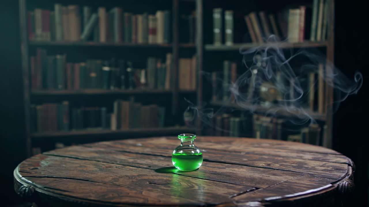 A mysterious, dimly lit library with vintage bookshelves and a glowing green potion on a round