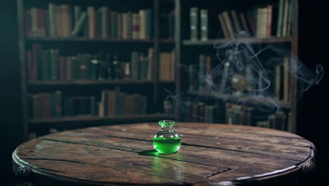 a mysterious, dimly lit library with vintage bookshelves and a glowing green potion on a round