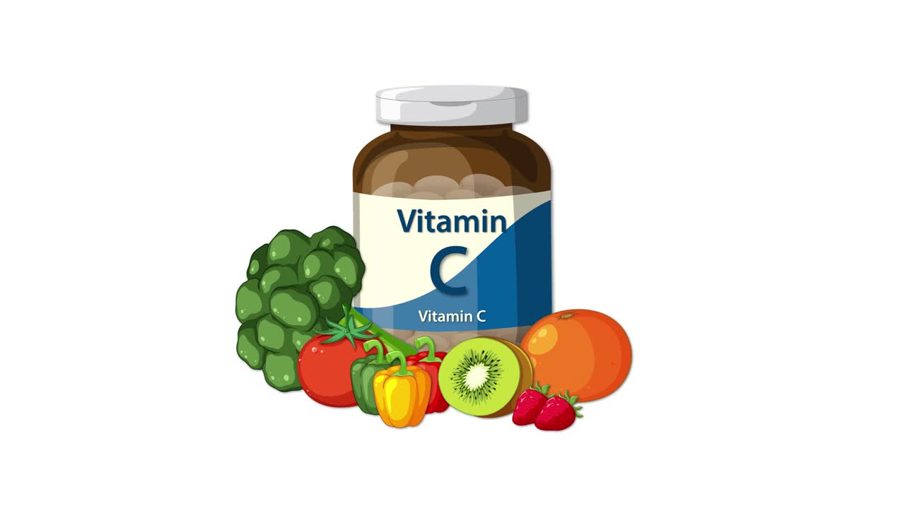 Vitamin C bottle with fruits and vegetables appearing, clean white background, smooth animation transitions