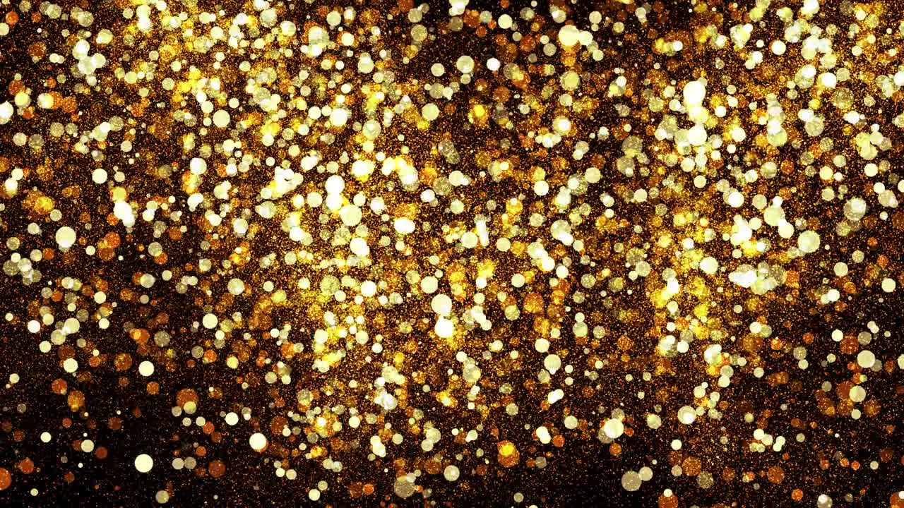 gold particles abstract background with golden shining stars dust bokeh glitter awards dust. Futuristic glittering fly movement flickering loop in space on black background.