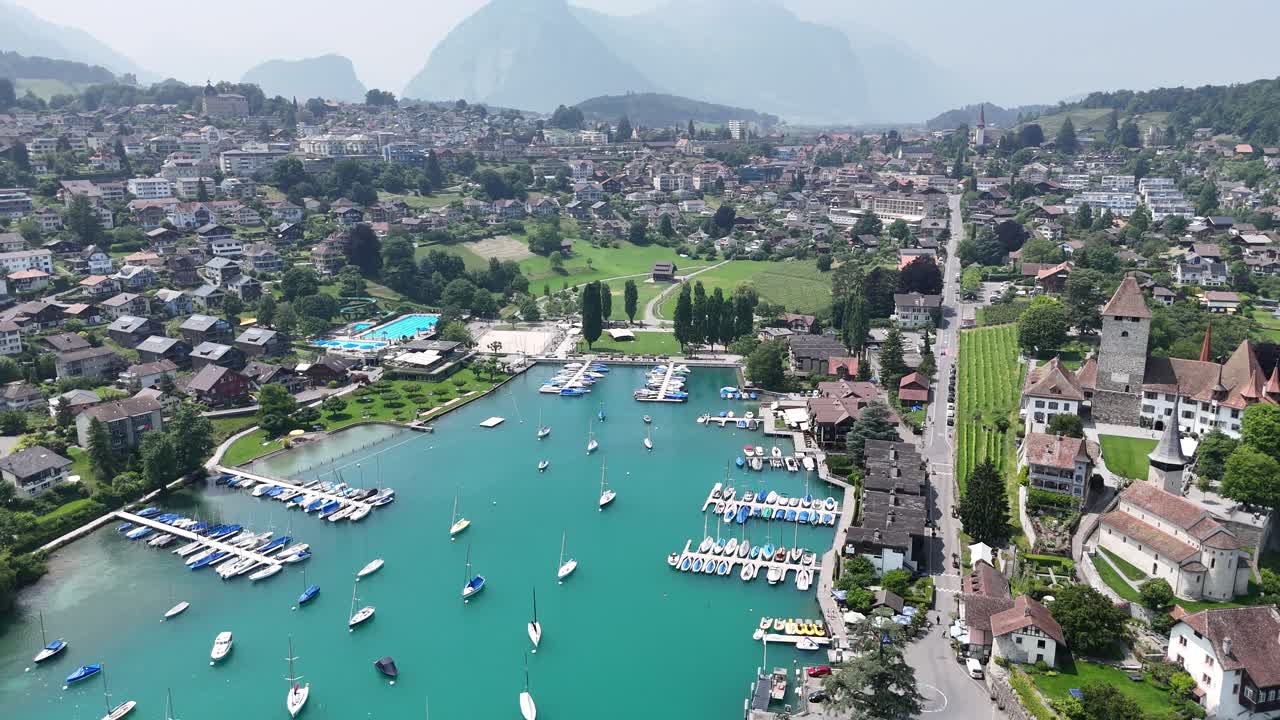 Harbour Spiez Town on lake Thun Switzerland drone aerial