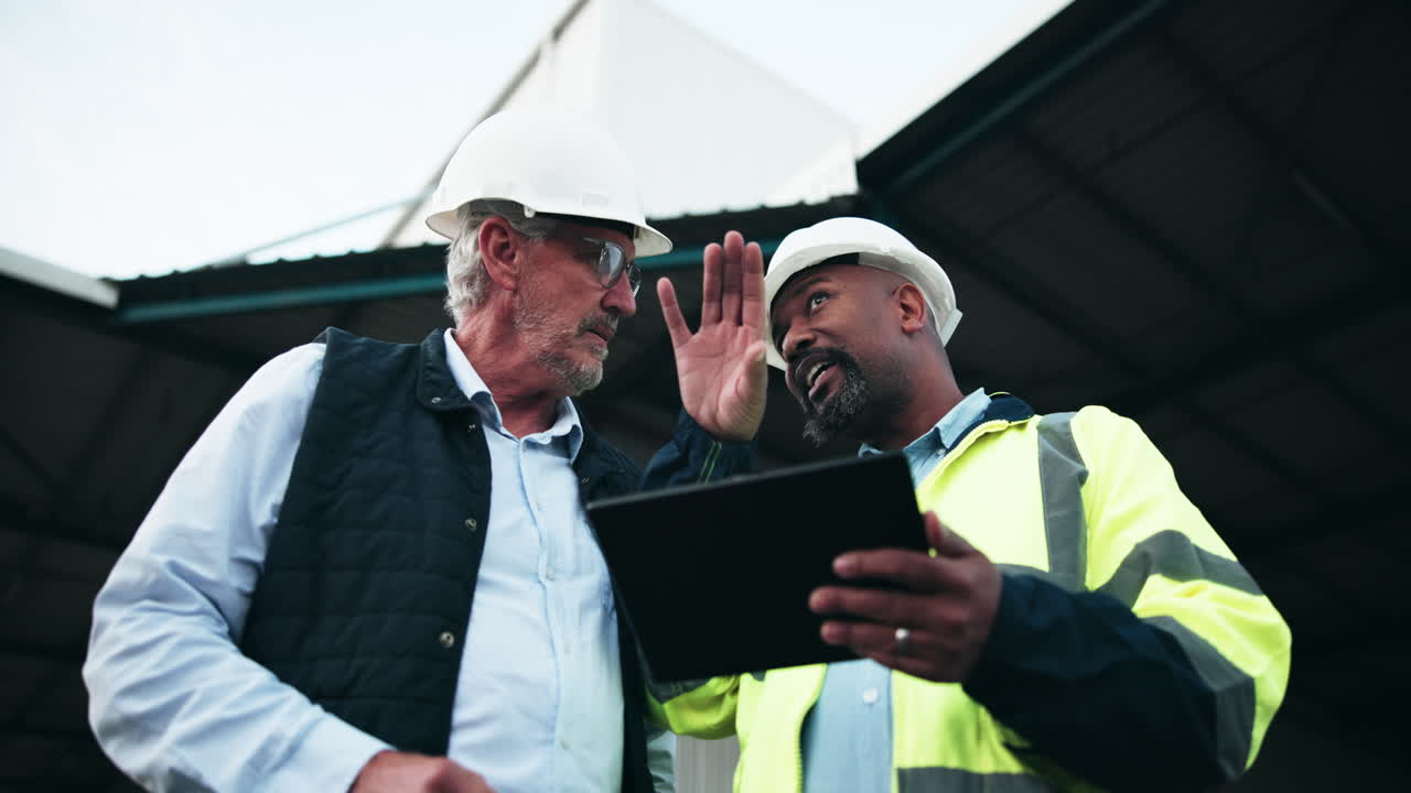 Two construction workers inspecting the site with a tablet