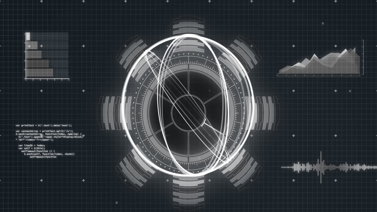 Animation of data processing over globe spinning and grid in background