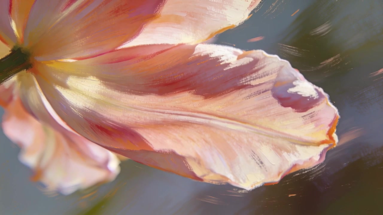 Petalo rosa-arancio che si inclina e riempie l'inquadratura in una macro da giardino, con luce solare e brezza che rivelano venature e macchioline.