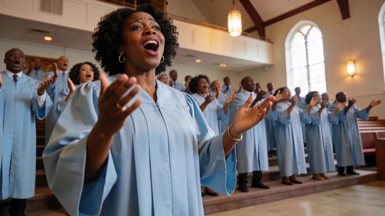 Singing soloist shifting forward, leading worship choir in light blue robes in church