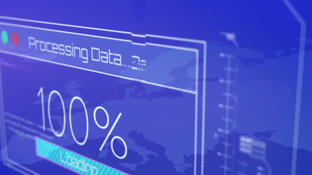 animación de la carga de procesamiento de datos del 100 por ciento contra el mapa del mundo azul