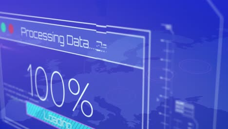 Animación-De-Carga-De-Procesamiento-De-Datos-Al-100-Por-Ciento-Contra-El-Mapa-Mundial-Azul