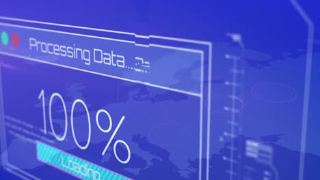 animación de la carga de procesamiento de datos del 100 por ciento contra el mapa del mundo azul