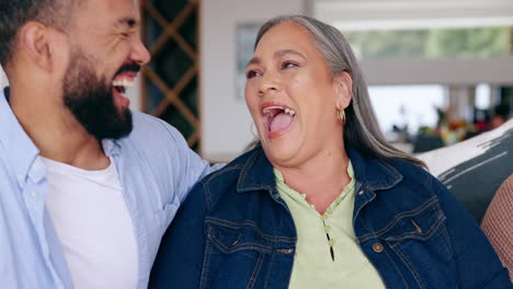 man, senior mom and talk with laugh on sofa