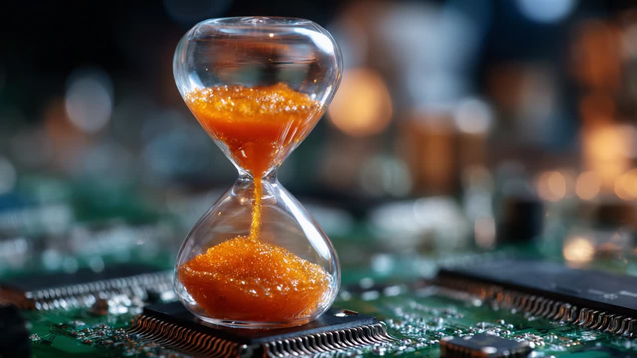 A striking hourglass filled with vibrant orange sand sits majestically on a green circuit board, symbolizing the passage of time and the intersection of technology and nature in a visually captivating way