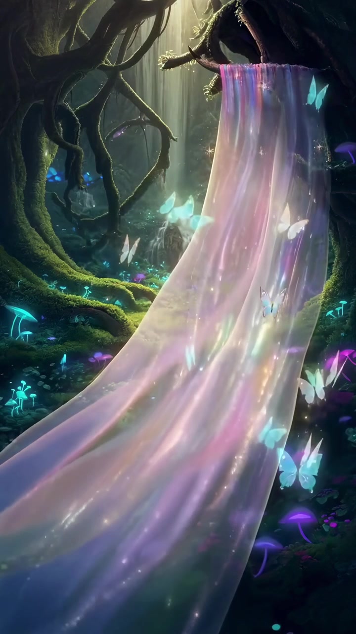 Cascata Eterea con Farfalle Luminose in una Magica Foresta Fantasy