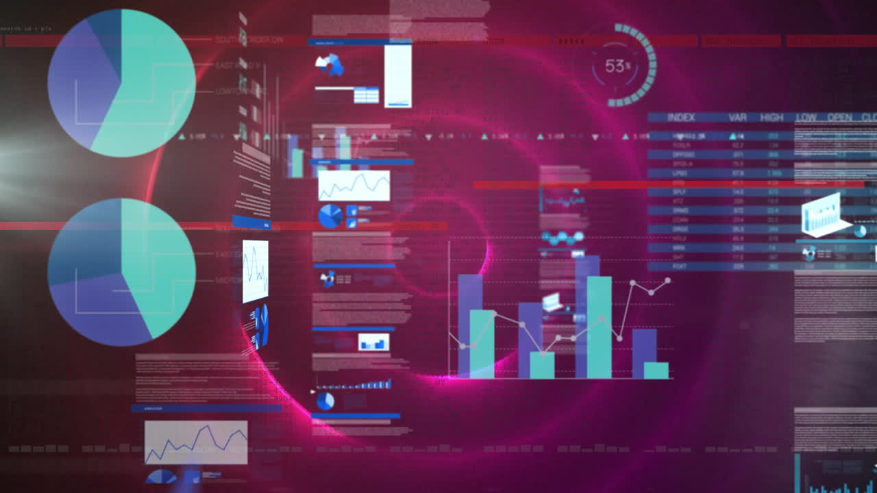 animación del procesamiento de datos estadísticos frente a círculos concéntricos brillantes de color rosa.