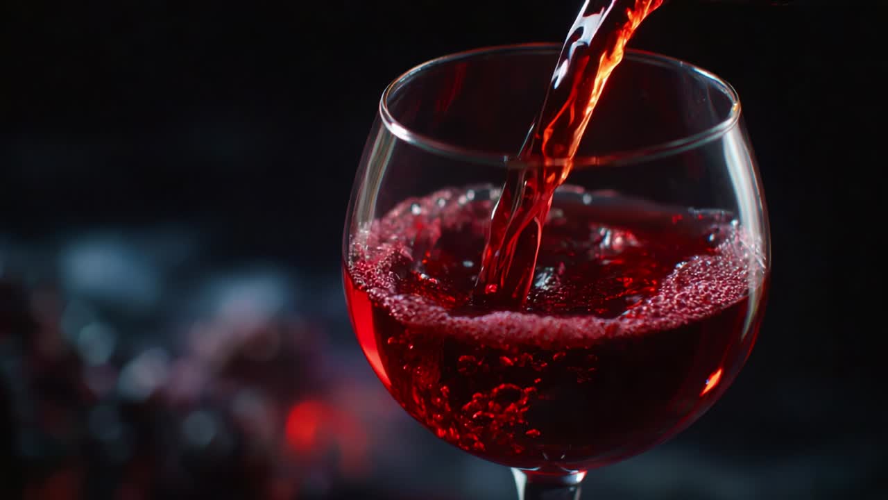 Primo piano di un liquido rosso intenso versato in un bicchiere dall'alto, che mostra le bollicine e l'effervescenza su uno sfondo scuro con accenni di uva nelle ombre