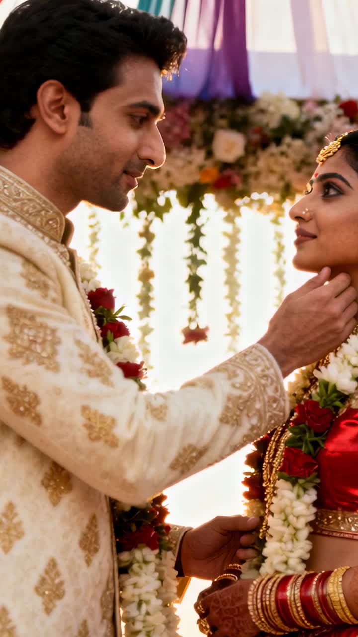 Vertical video: Leaning groom in sherwani cupping bride's chin in red sari at mandap, garlands