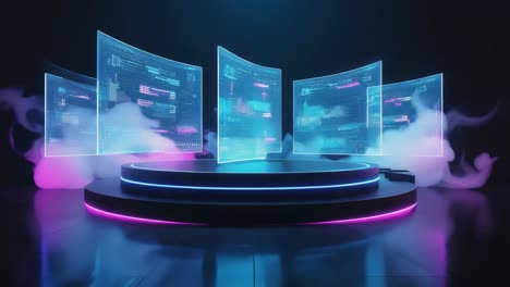 futuristic stage with holographic data displays and neon lights