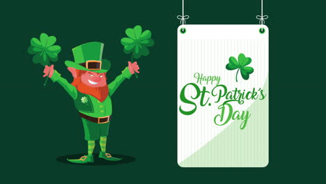 happy saint patricks day lettering with leprechaun lifting clovers