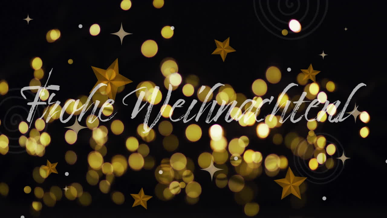 Frohe Weihnachten! text animation over golden bokeh lights and stars
