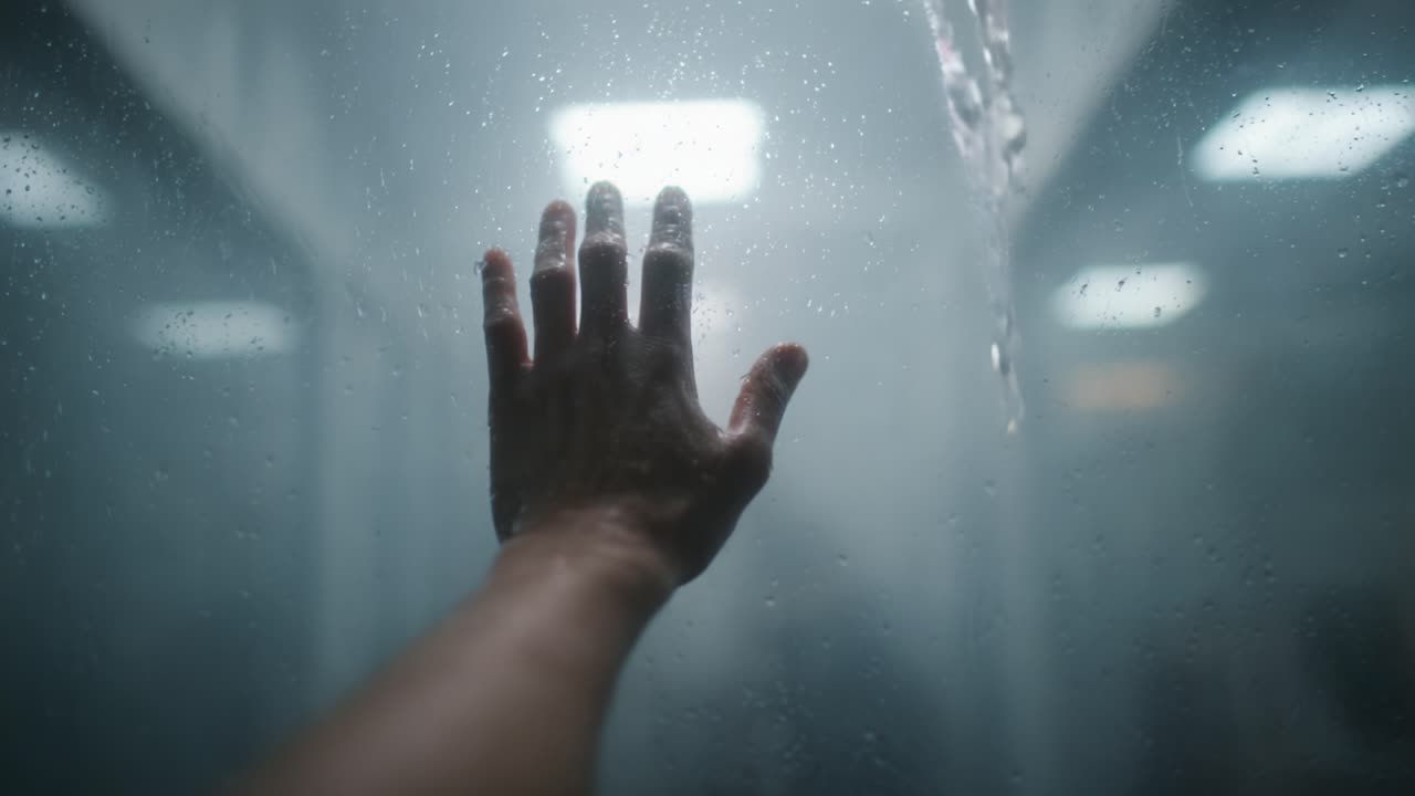 A solitary hand reaches out through a misty glass, conveying a sense of isolation, longing, and connection within a foggy environment filled with droplets of water reflecting soft lights