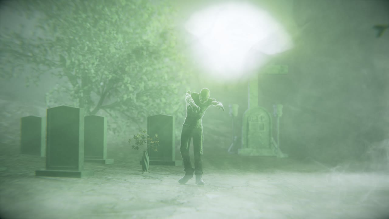 Zombie walking in green lit cemetary