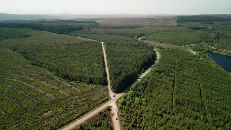 Clocaenog-Forest-scenic-roads-at-the-side-of-Llyn-Brenig,-Denbigh-Moors,-Wales---Aerial-drone-flyover---June-23