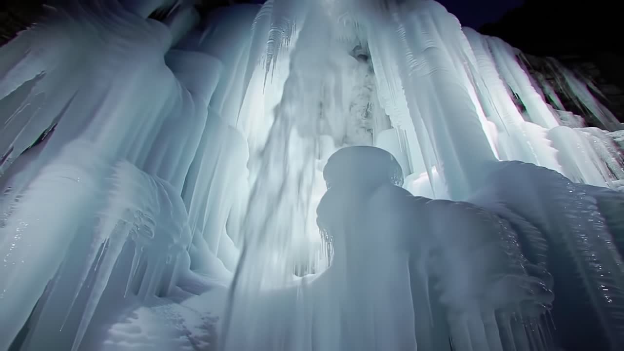 Witness the beauty of frozen ice formations hanging against a serene mountain backdrop during the winter season. Experience the intricate textures and colors of nature's art.