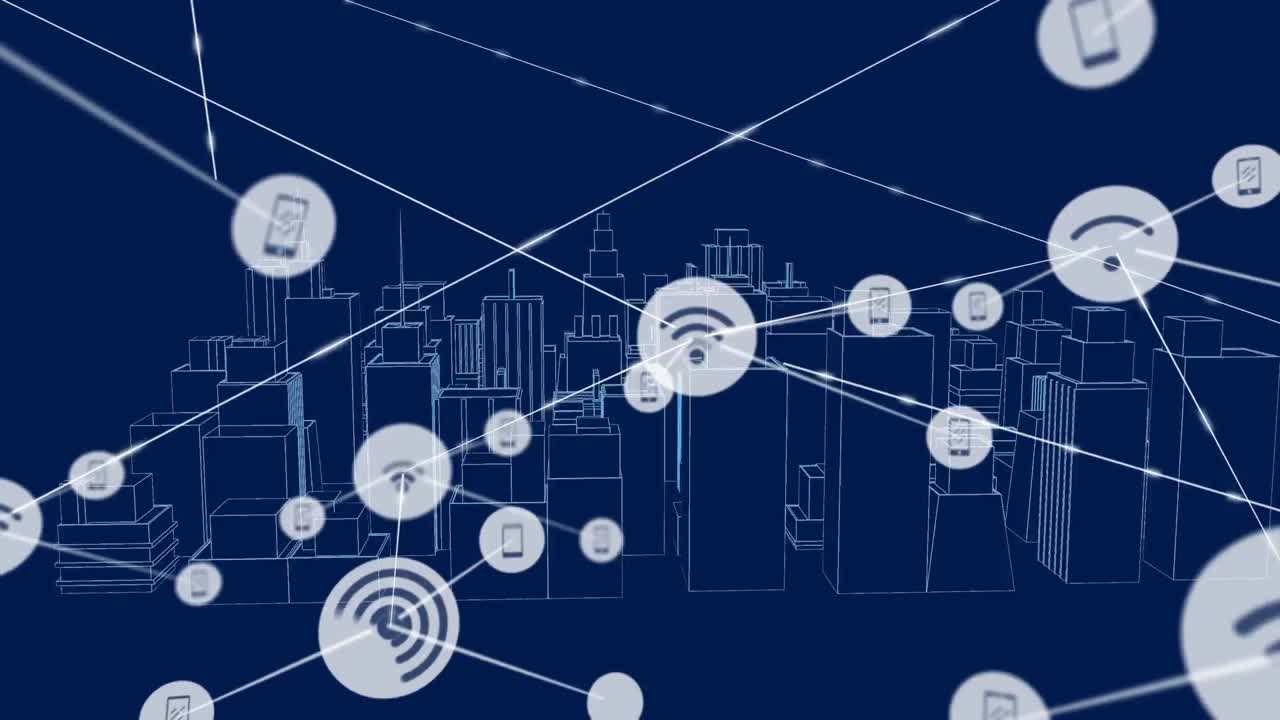 Animation of network of connections with icons over 3d architectural city model