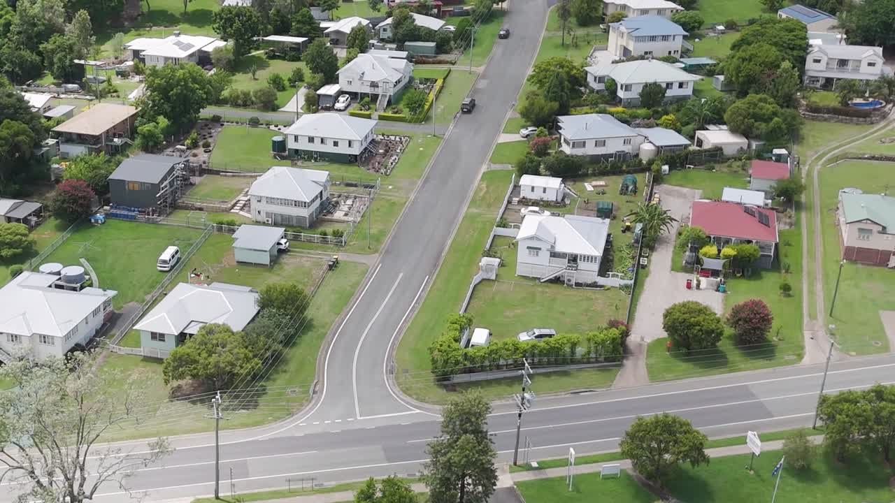 Aerial footage showcasing suburban streets, houses, and lush greenery in a peaceful neighborhood.