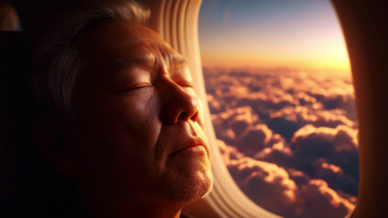 A Serene Journey: Capturing the Peaceful Moment of a Traveler Sleeping by the Airplane Window During a Breathtaking Sunrise Over the Clouds, Evoking a Sense of Calm and Contentment in Flight