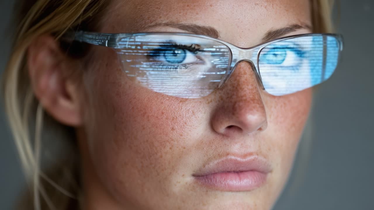 Primer plano de una mujer con gafas transparentes y pantalla digital, capturando la intrigante interacción entre la tecnología y la expresión humana con asombroso detalle