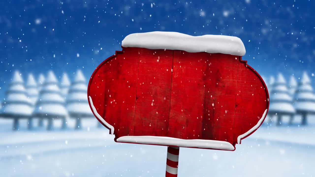 겨울 풍경에 나무에 대한 빨간 나무 표지판 위에 내리는 눈의 디지털 애니메이션