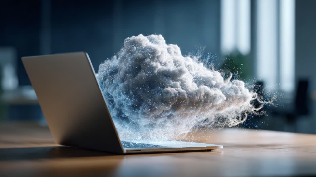 A Creative Representation of Cloud Technology Emerging from a Laptop, Symbolizing Innovation, Digital Transformation, and the Future of Connectivity in a Modern Workspace