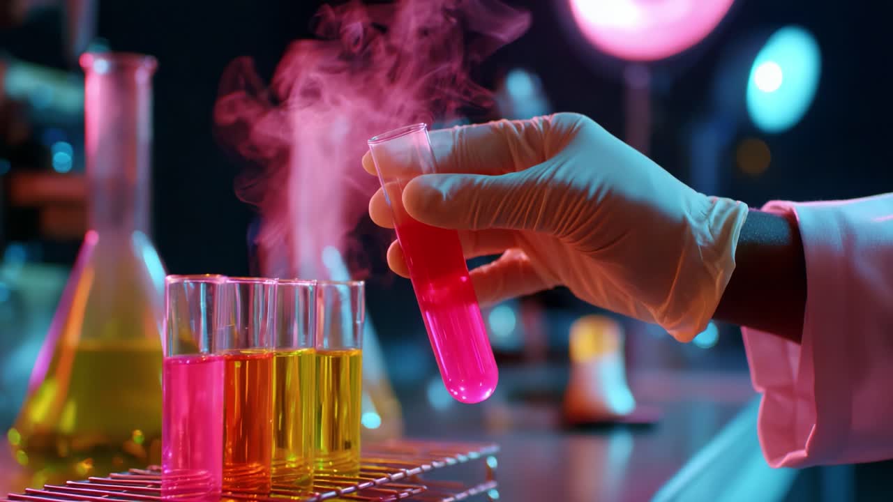 A scientist holds a test tube filled with colorful liquids, demonstrating experimentation in a laboratory environment. The vibrant pink and orange colors blend with steam, illustrating scientific discovery