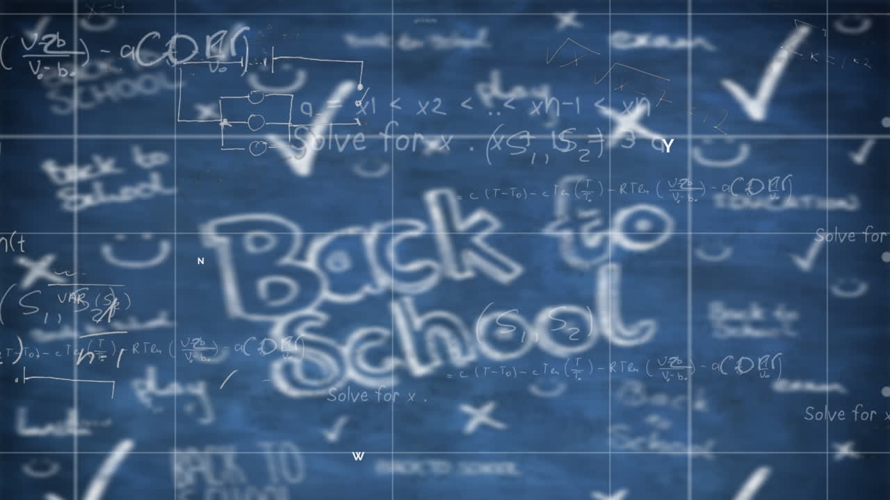 수학적 방정식의 애니메이션은 파란색 배경에 있는 학교 텍스트로 돌아갑니다.
