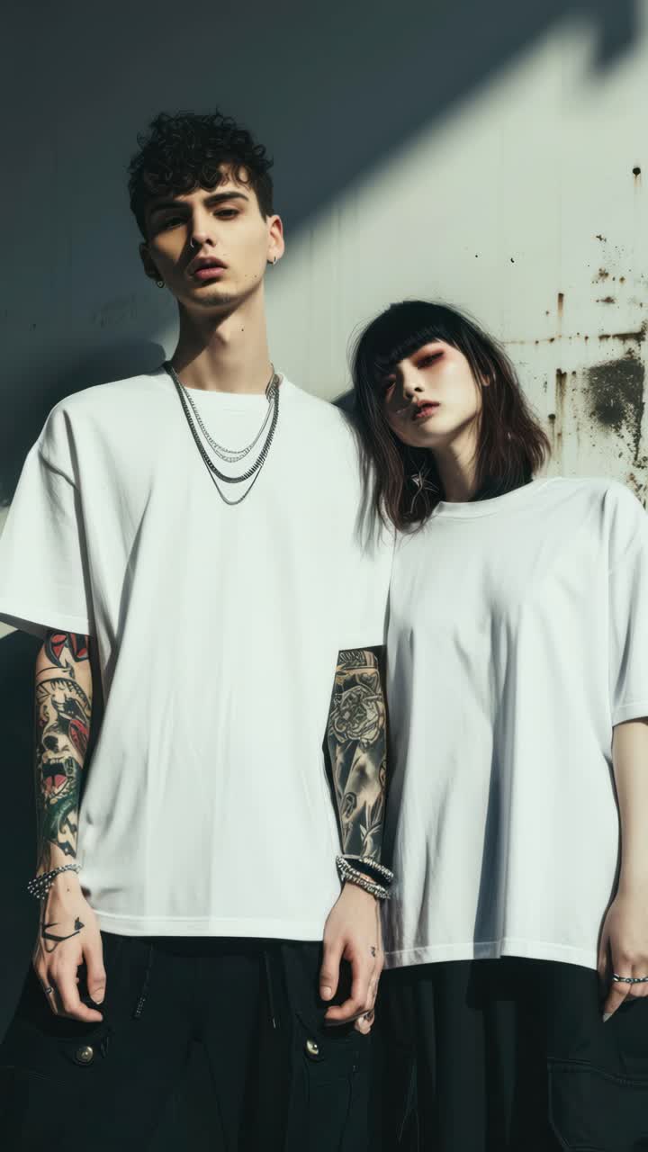 Urban fashion video concept featuring a low-angle shot of two individuals in white tees