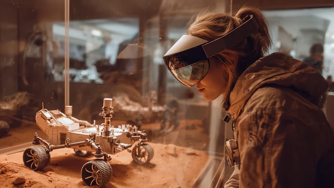 Exploring the Future of Space Exploration: A Close-Up View of a Stunning Mars Rover Model and an Enthusiastic Researcher Wearing Advanced Augmented Reality Glasses in an Innovative Exhibit