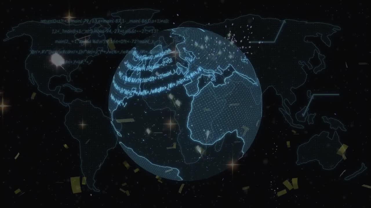 여러 개의 별 아이콘과 데이터 처리는 배경에  ⁇ 나무에 대해 회전하는 지구를 통해