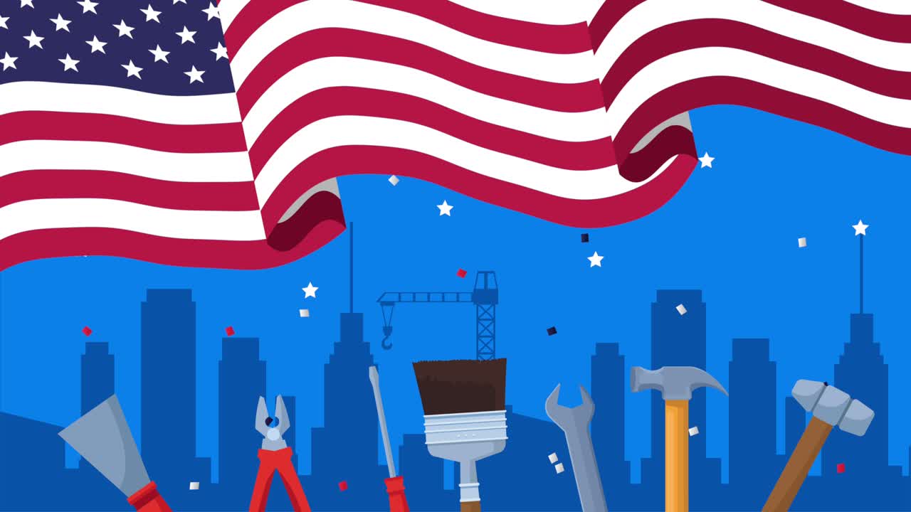 ハッピー労働者デー 祝い アメリカ国旗とツール