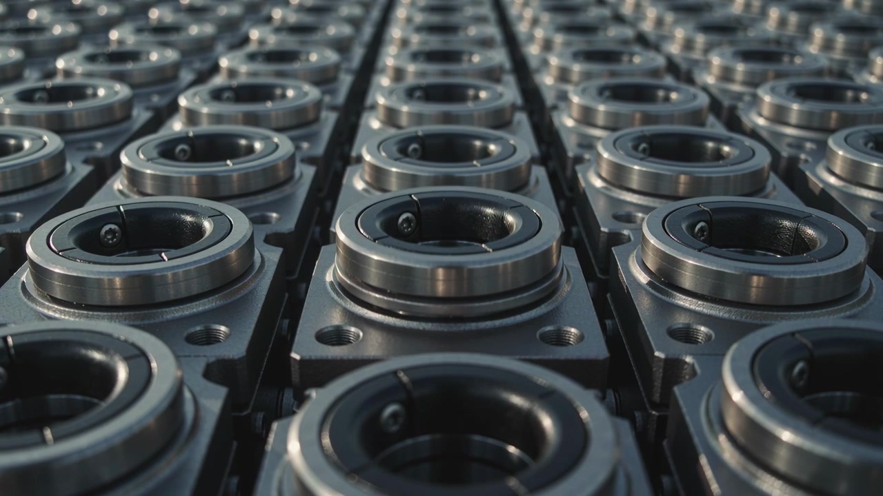 Pushing camera revealing central row of mounted ball bearing housings on tray, showing lubricant