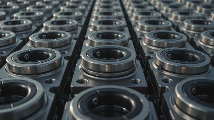 Pushing camera revealing central row of mounted ball bearing housings on tray, showing lubricant