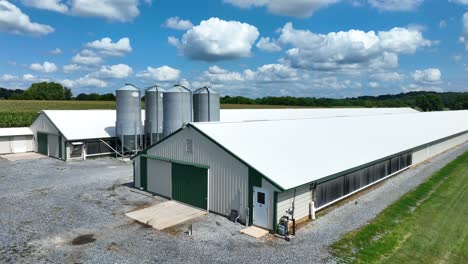 chicken barns on an american farm on beautiful summer afternoon