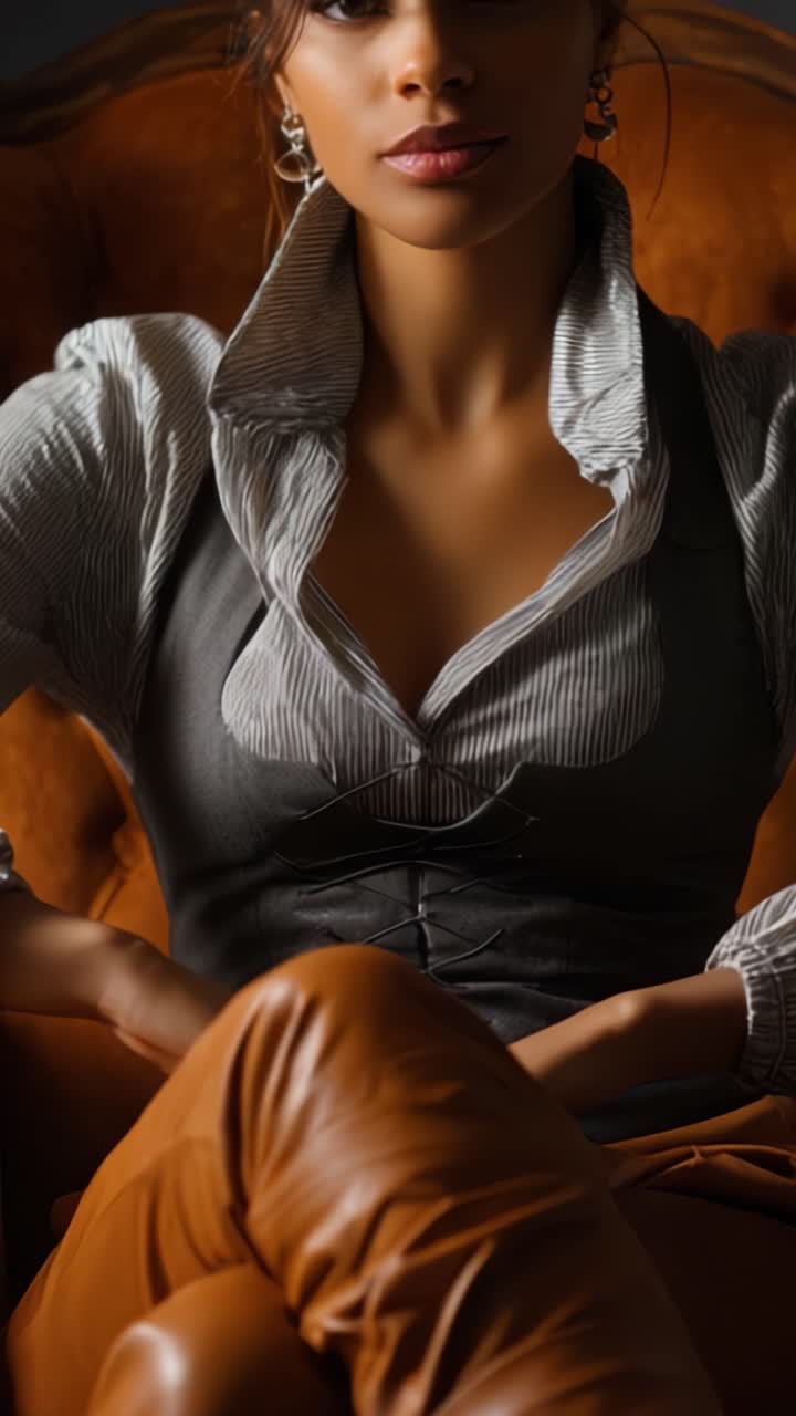 Mulher Elegante em Traje Estiloso Posa Confiante em Cadeira Vintage, Destacando Escolhas de Moda e Expressão Serana em Cenário de Fotografia de Retrato