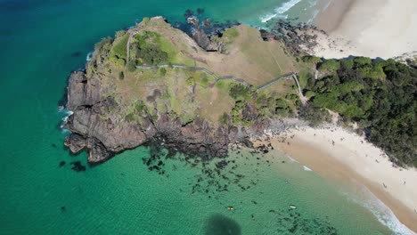 panoramic view of rocky norries headland and the sandy shores of cabarita beach, tweed shire, bogangar, northern rivers, new south wales, australia aerial shot