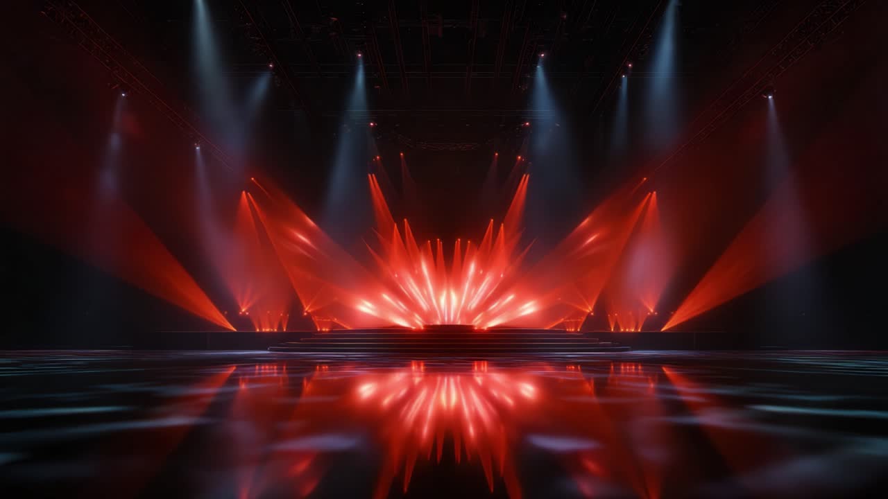 Dynamic Stage Lighting Display with Radiant Red and Orange Lights Reflecting on a Glossy Surface, Creating a Captivating Visual Experience for Audiences