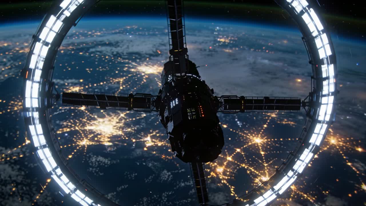 Câmera panorâmica ao redor da estação espacial sobre o lado noturno, girando, módulo de iluminação em anel, mostrando painéis