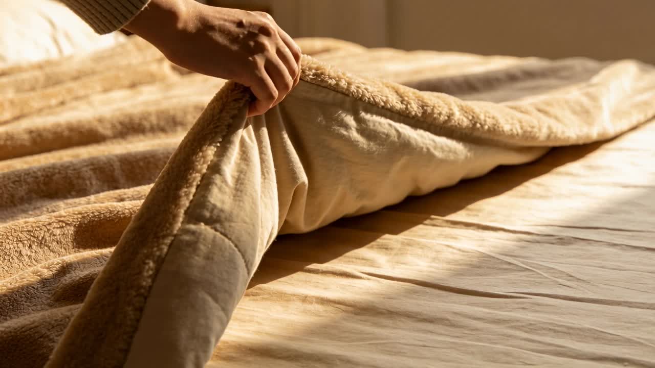 Video verticale: Mano che afferra, rimbocca e liscia la coperta sul lenzuolo, sistemando il letto per la casa al sole.