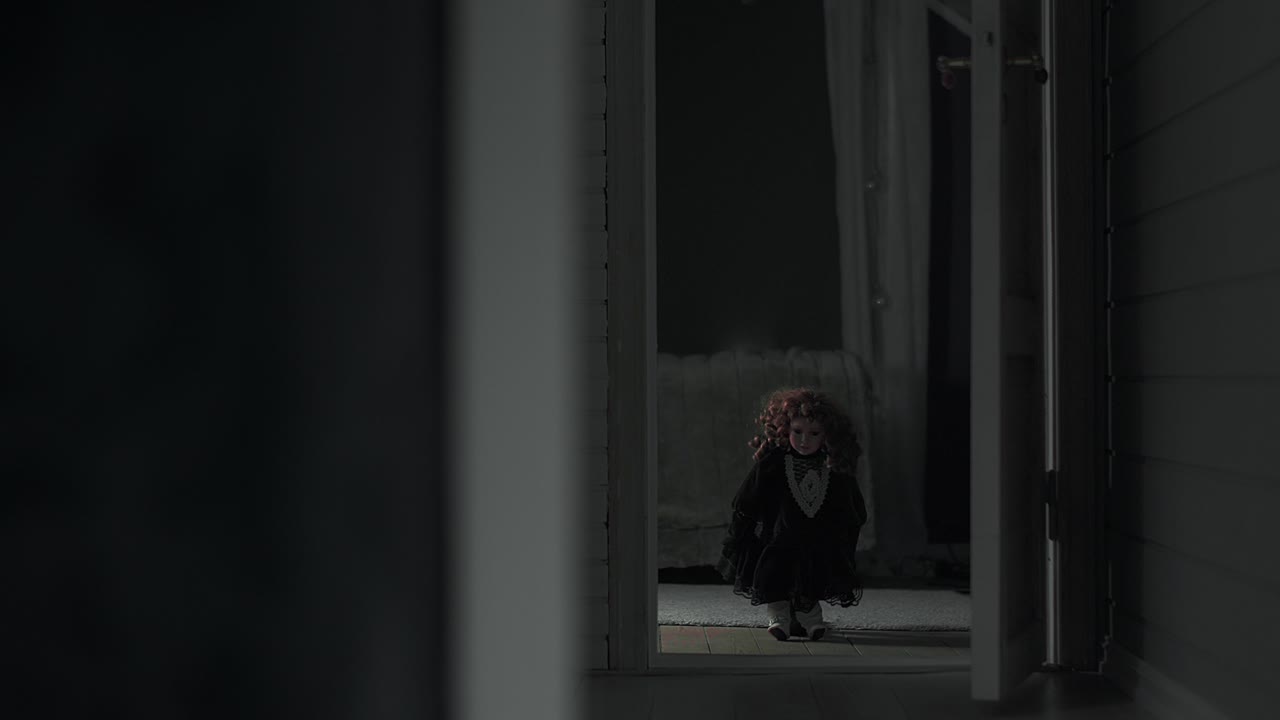 Small creepy girl doll standing in the middle of a door frame, staring at the camera