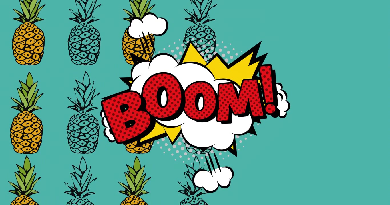 Animazione del testo "boom" in rosso su una nuvola di esplosione sopra ananas su sfondo blu.